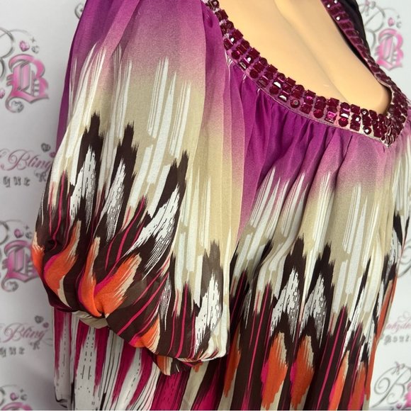 Bebe 100% silk top bling Jewel π rhinestone neckline boho ombrΓ© pattern bubble - Picture 3 of 16